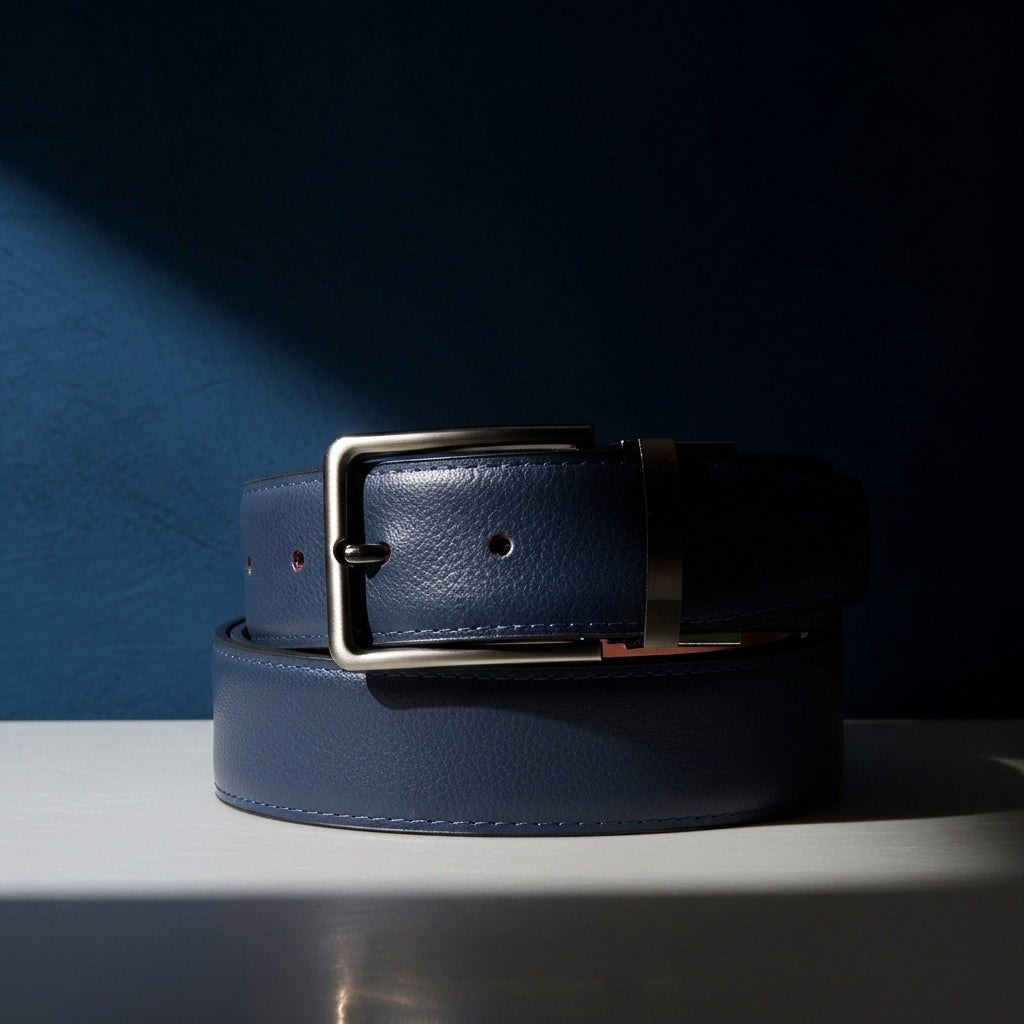 Ceinture homme Gabriel 3 en cuir bleu marine texturé avec boucle ardillon argentée rotative #fullwidth