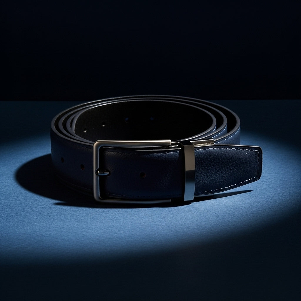 Ceinture Gabriel 3 pour homme en cuir bleu marine texturé, avec boucle ardillon rectangulaire argentée et système rotatif, largeur 3,5 cm. #fullwidth