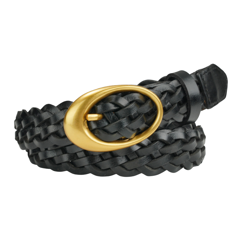 Ceinture tressée noire pour femme, modèle Gabrielle, avec une boucle ovale dorée