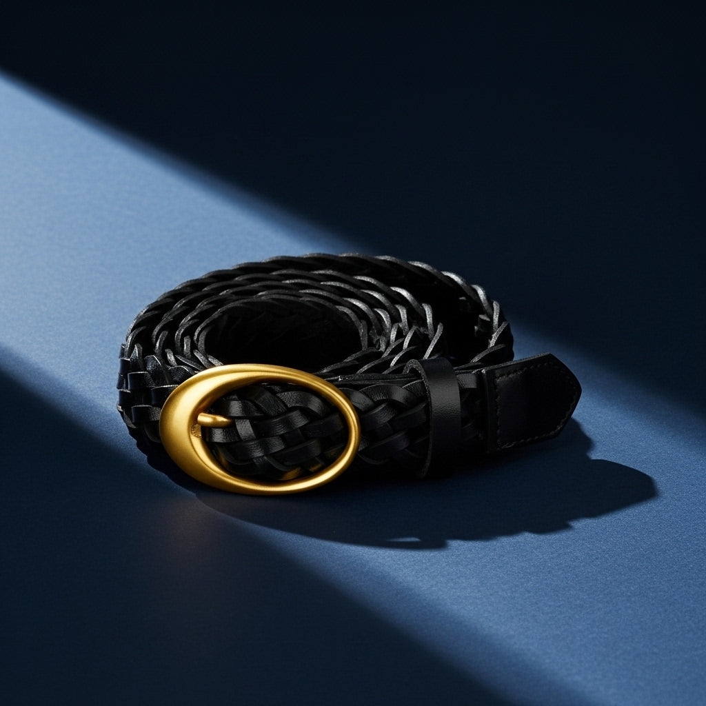 Ceinture en cuir tressé noir pour femme, modèle Gabrielle, avec boucle ardillon ovale dorée. #fullwidth