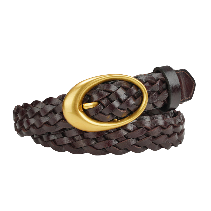 Ceinture femme Gabrielle en cuir tressé marron foncé avec boucle ovale dorée
