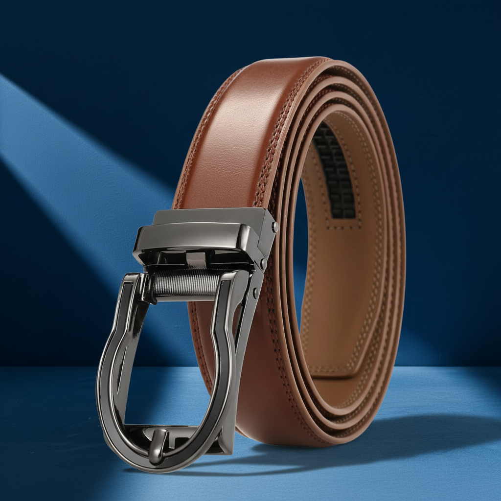 Ceinture homme Gaël en cuir de vachette marron clair avec boucle métallique grise brillante et système automatique, sur fond bleu #fullwidth