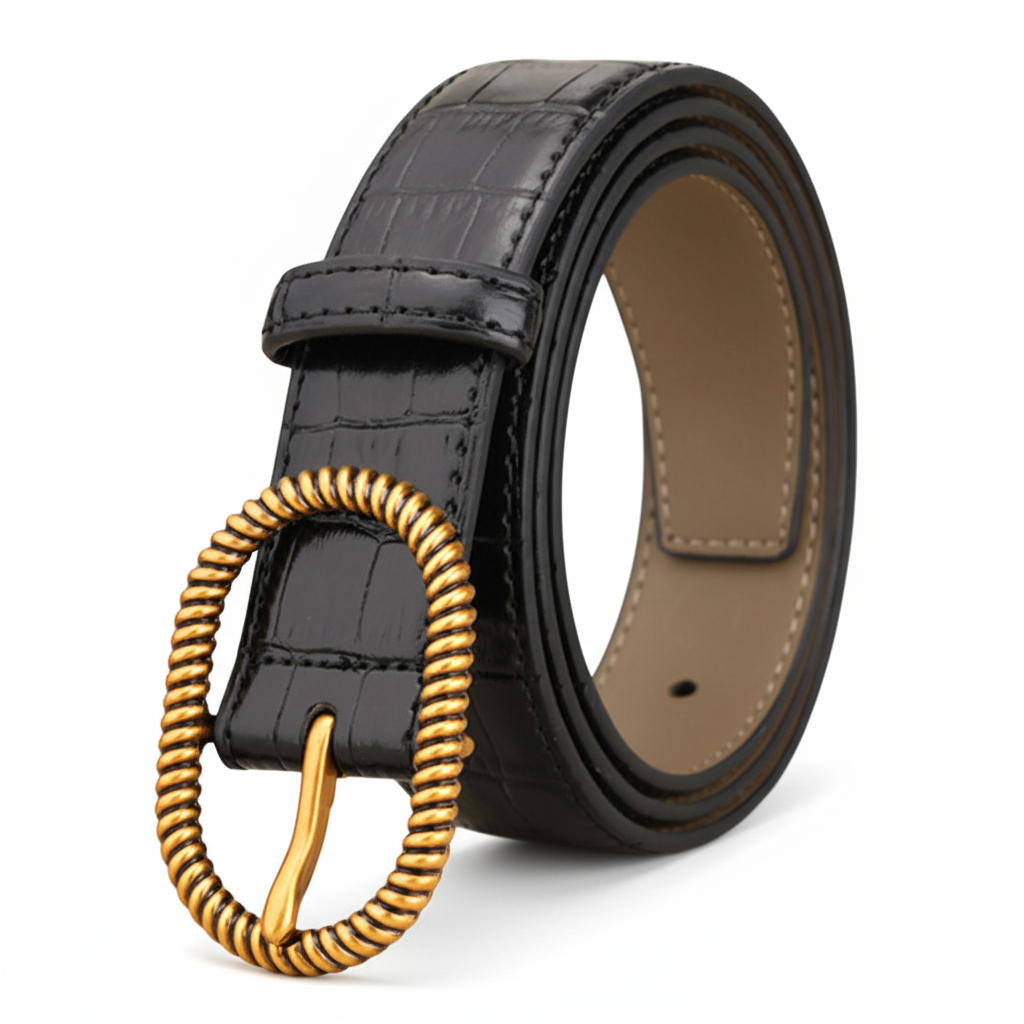 Ceinture noire pour femme Gaïa en cuir de vachette imprimé crocodile avec boucle ardillon ovale allongée torsadée dorée. Largeur 2,8 cm.