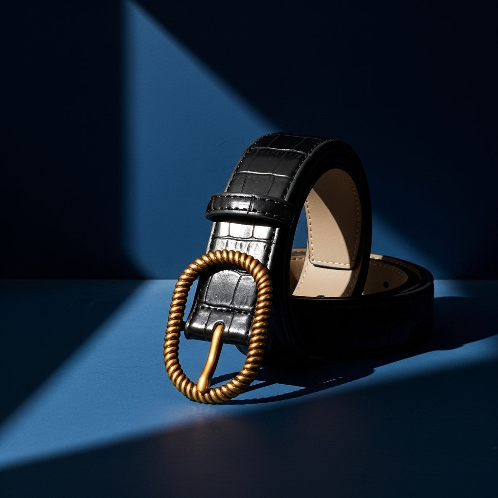 Ceinture pour femme Gaïa en cuir noir avec un effet crocodile et une boucle ardillon ovale allongée torsadée dorée. #fullwidth