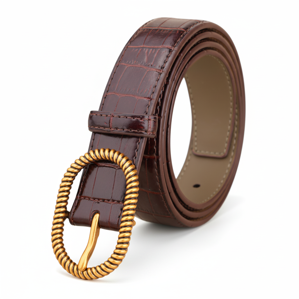 Ceinture pour femme Gaïa en cuir bordeaux texturé crocodile avec une boucle ovale allongée torsadée dorée.