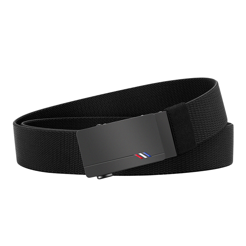 Ceinture homme Gainsbourg noire en tissu avec boucle rectangulaire automatique et système sans trou, ornée de trois fines bandes colorées (bleu, blanc, rouge).