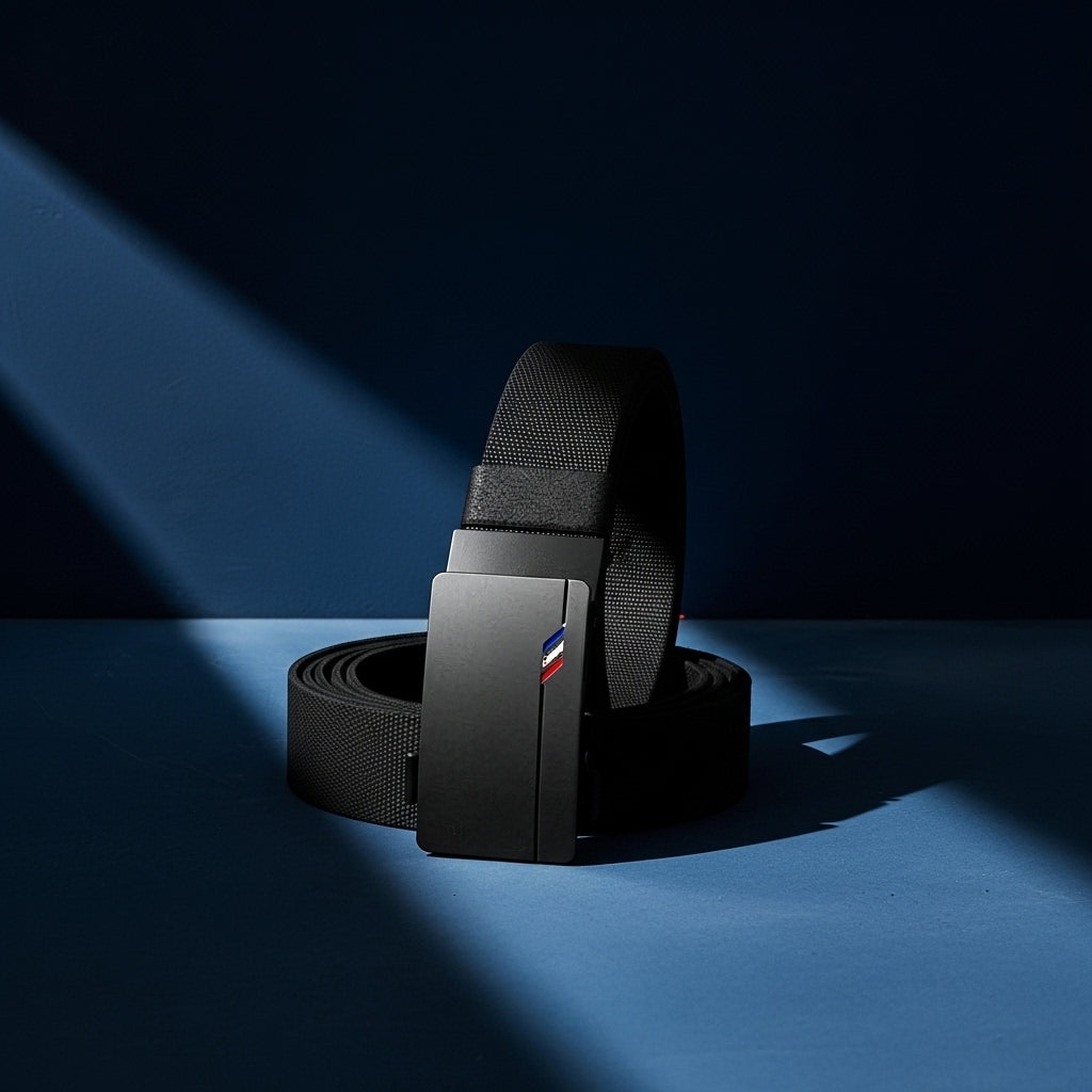 Ceinture homme Gainsbourg en tissu noir avec boucle automatique rectangulaire noire ornée de trois bandes colorées (bleu, blanc, rouge), système sans trou ajustable et découpable. #fullwidth