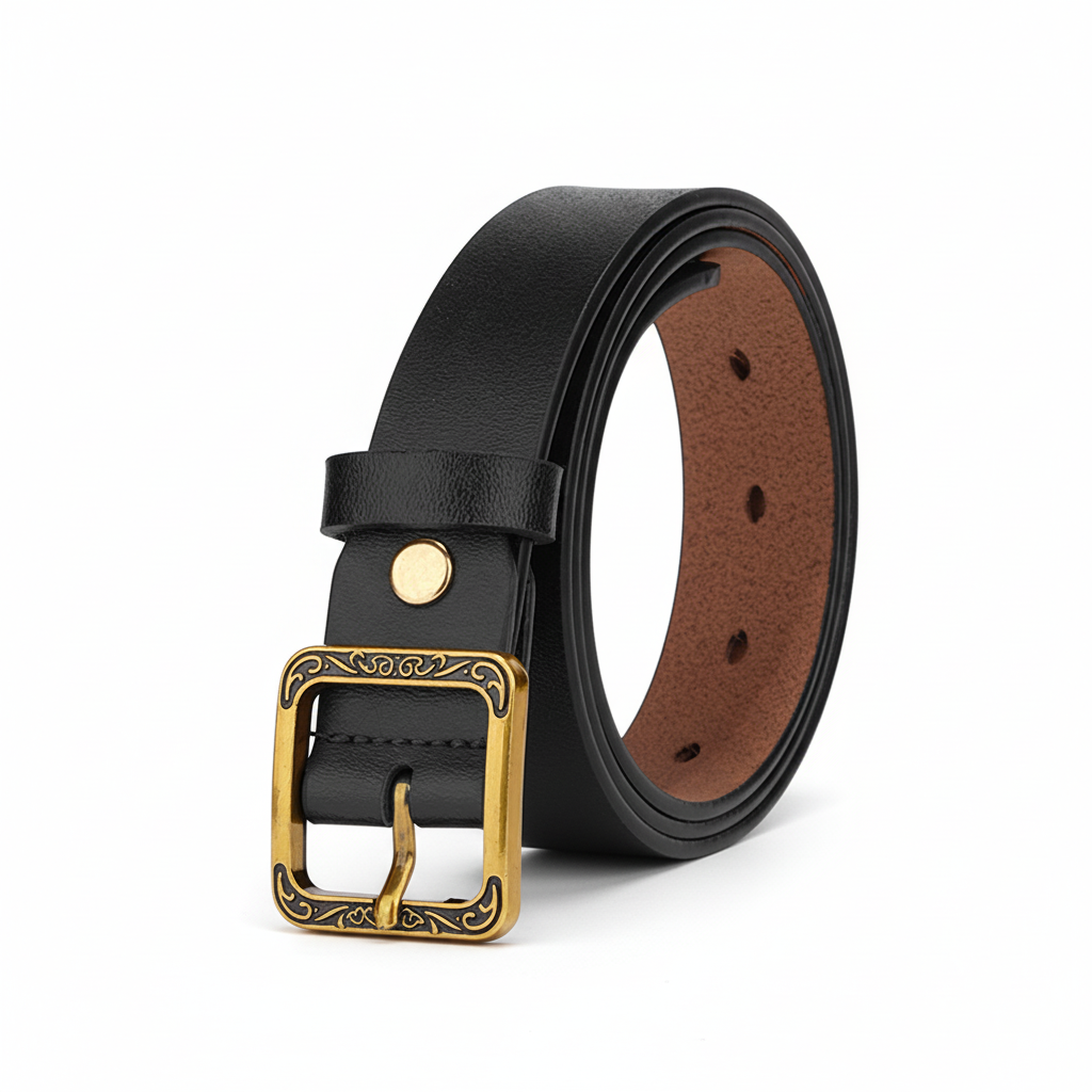 Ceinture pour femme Galaxie noire en cuir avec boucle carrée dorée et gravure discrète, style rétro minimaliste.