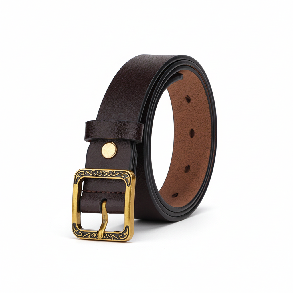 Ceinture pour femme Galaxie en cuir marron café avec boucle carrée dorée à ardillon gravée, style rétro minimaliste.