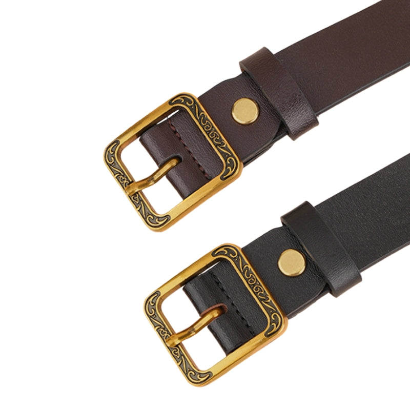 Ceinture pour femme Galaxie en cuir marron et noir, avec boucle carrée dorée gravée de style vintage.