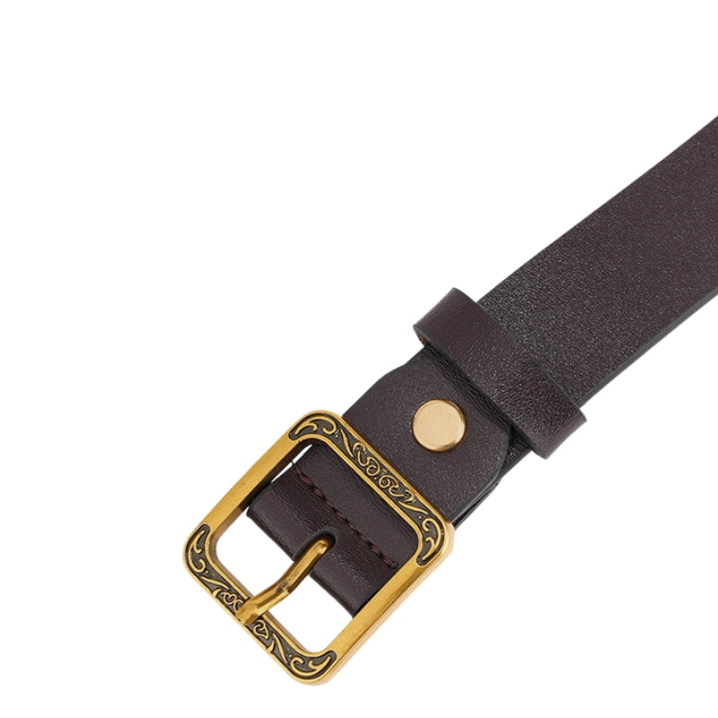 Ceinture pour femme Galaxie en cuir marron avec boucle carrée dorée gravée de motifs vintage.