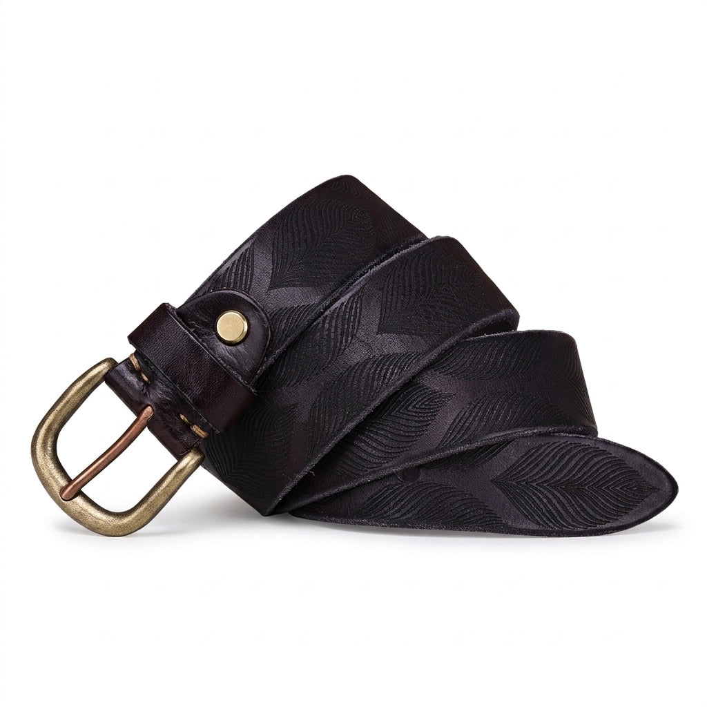 Ceinture homme Gascogne en cuir pleine fleur marron foncé avec motifs botaniques gravés et boucle ardillon en cuivre massif