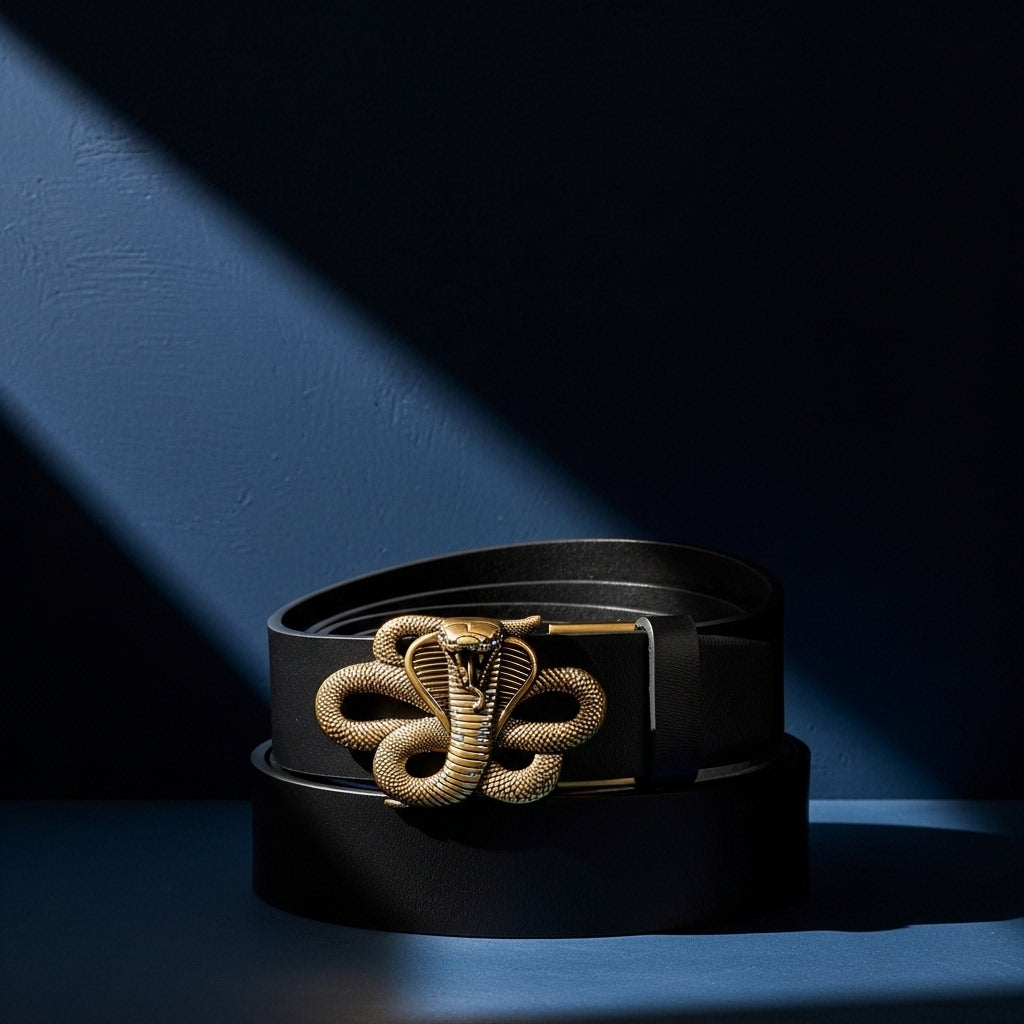 Ceinture homme Gauthier noire en cuir lisse avec une boucle décorative audacieuse en forme de tête de cobra dorée, largeur 3,5 cm. #fullwidth