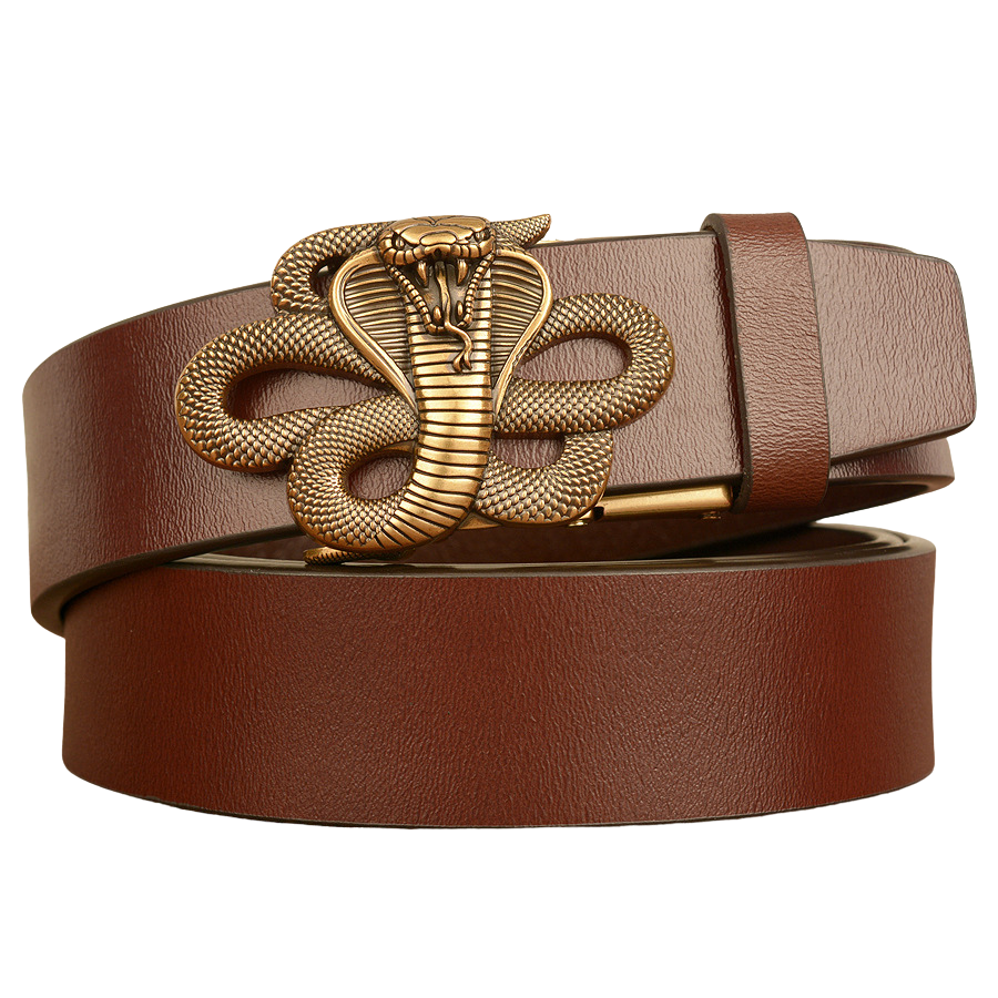 Ceinture homme Gauthier en cuir marron avec une boucle décorative audacieuse en forme de tête de cobra dorée. #fullwidth