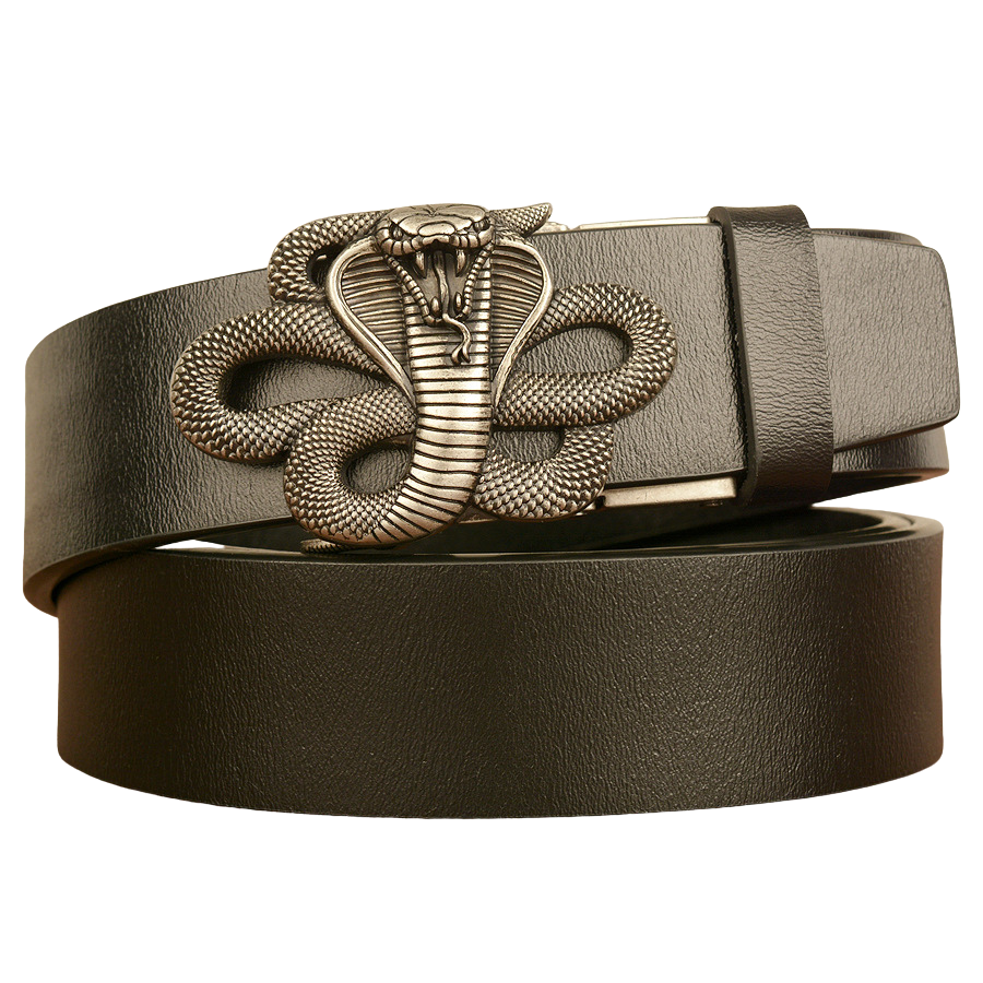 Ceinture homme Gauthier en cuir noir avec boucle décorative argentée en forme de tête de cobra