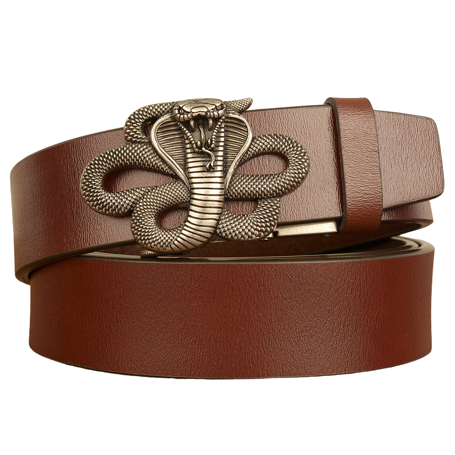 Ceinture homme Gauthier en cuir marron avec une boucle décorative audacieuse en forme de tête de cobra argentée.