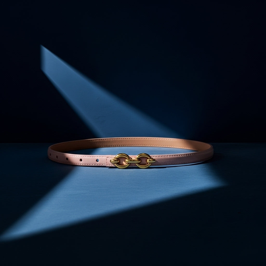 Ceinture fine rose pâle en cuir refendu de vachette lisse, modèle Geneviève, avec une boucle dorée à deux anneaux ovales sans ardillon. #fullwidth