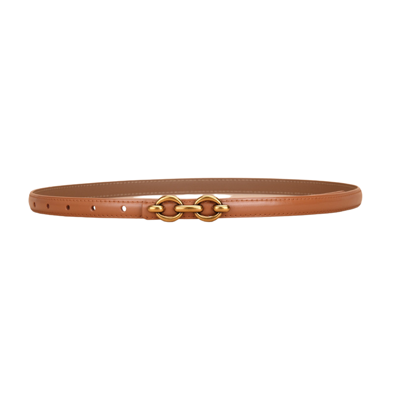 Ceinture fine Geneviève en cuir marron clair avec boucle dorée en forme de deux anneaux ovales
