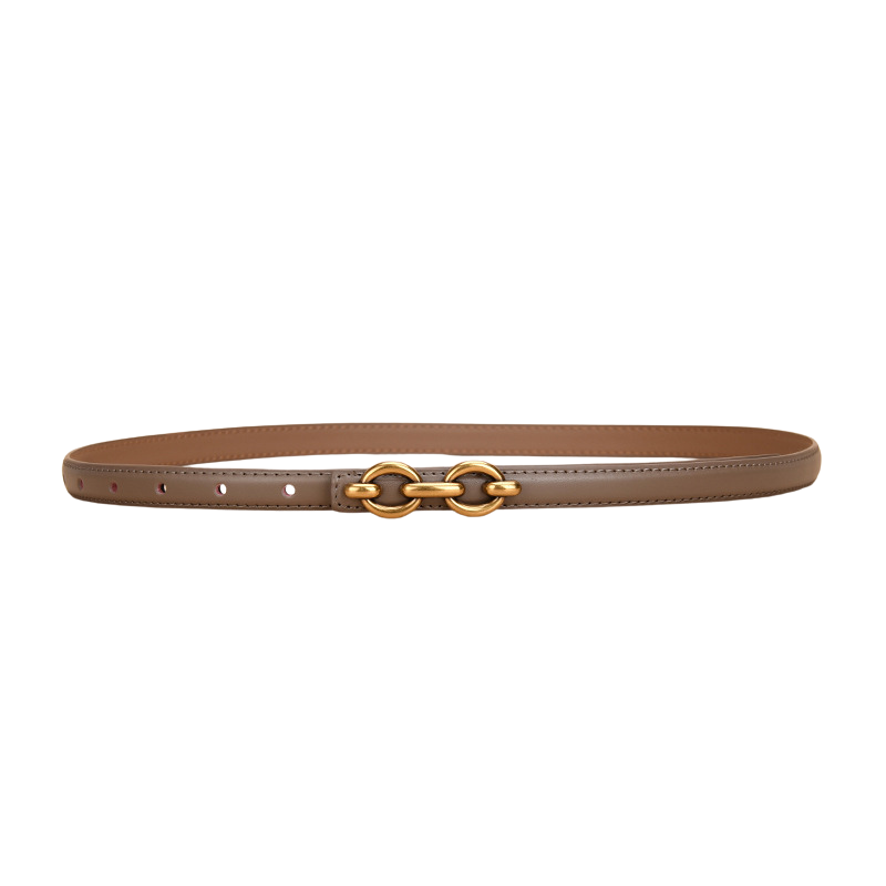 Ceinture fine femme Geneviève en cuir lisse beige foncé avec boucle dorée à deux anneaux ovales