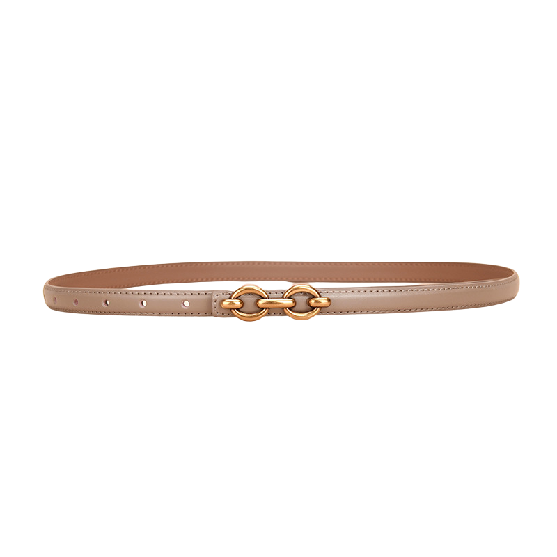 Ceinture fine beige Geneviève en cuir lisse avec boucle dorée à maillons ovales et système sans ardillon