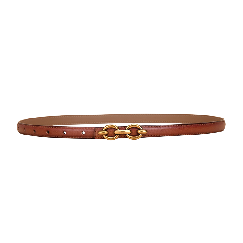 Ceinture femme Geneviève en cuir lisse marron avec boucle dorée à maillons ovales.
