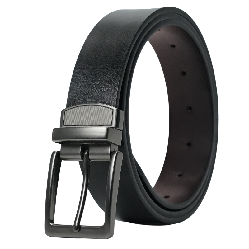 Ceinture Géraud pour homme en simili cuir noir, avec boucle ardillon rectangulaire en alliage finition noire satinée. La ceinture est réversible et disponible en plusieurs longueurs.