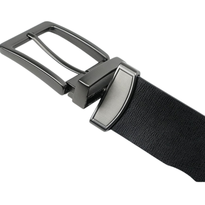 Ceinture Géraud homme en cuir PU noir, avec boucle ardillon rectangulaire en alliage noir satiné et système de rotation réversible.