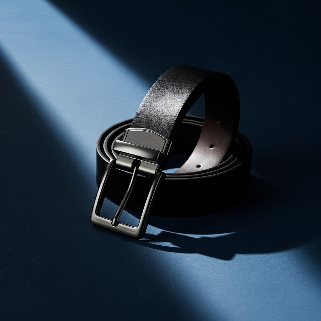 Ceinture Géraud homme en simili cuir noir avec boucle ardillon rectangulaire en alliage noir satiné. La ceinture est réversible, passant du noir au café. #fullwidth