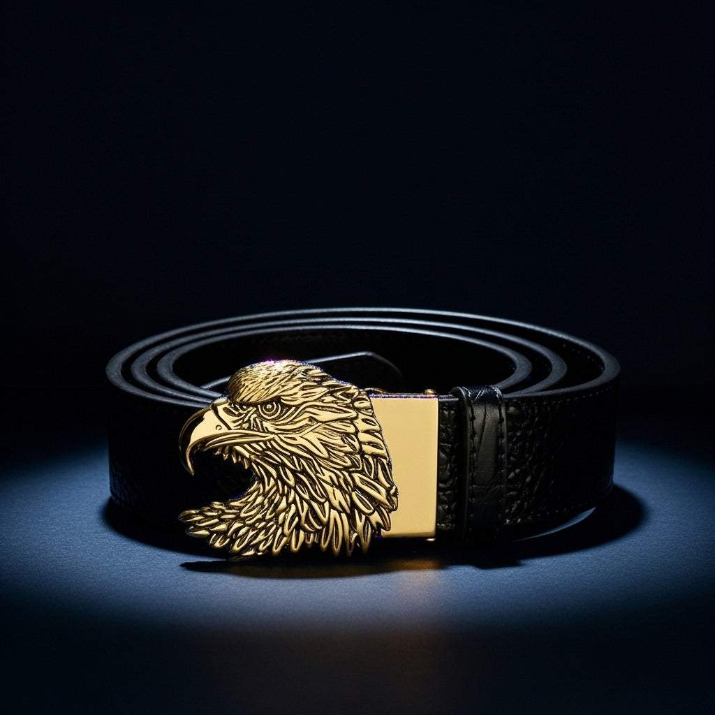 Ceinture homme Germain en cuir noir avec embossage crocodile et boucle dorée en forme de tête d'aigle 3D.  #fullwidth