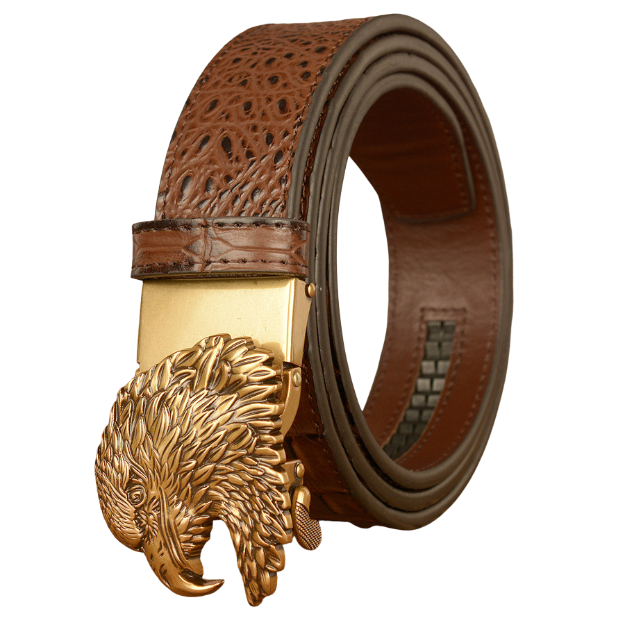 Ceinture homme Germain en cuir marron avec texture crocodile embossée et boucle automatique dorée en forme de tête d'aigle 3D.