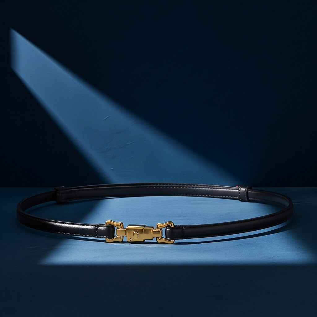 Ceinture fine noire Gisèle en cuir lisse avec boucle dorée originale #fullwidth