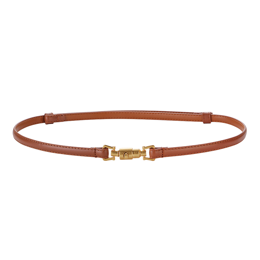Ceinture fine en cuir marron lisse pour femme, modèle Gisèle, avec boucle cylindrique dorée originale.