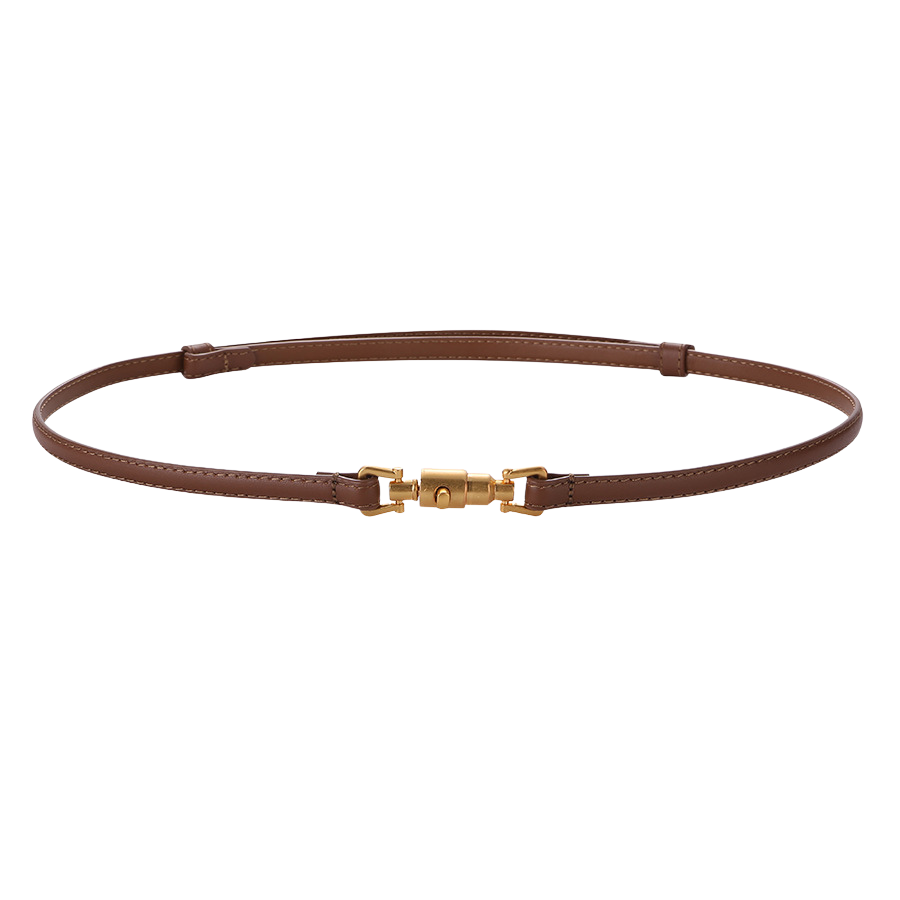 Ceinture fine Gisèle en cuir marron lisse avec boucle cylindrique dorée à fermoir tournant.