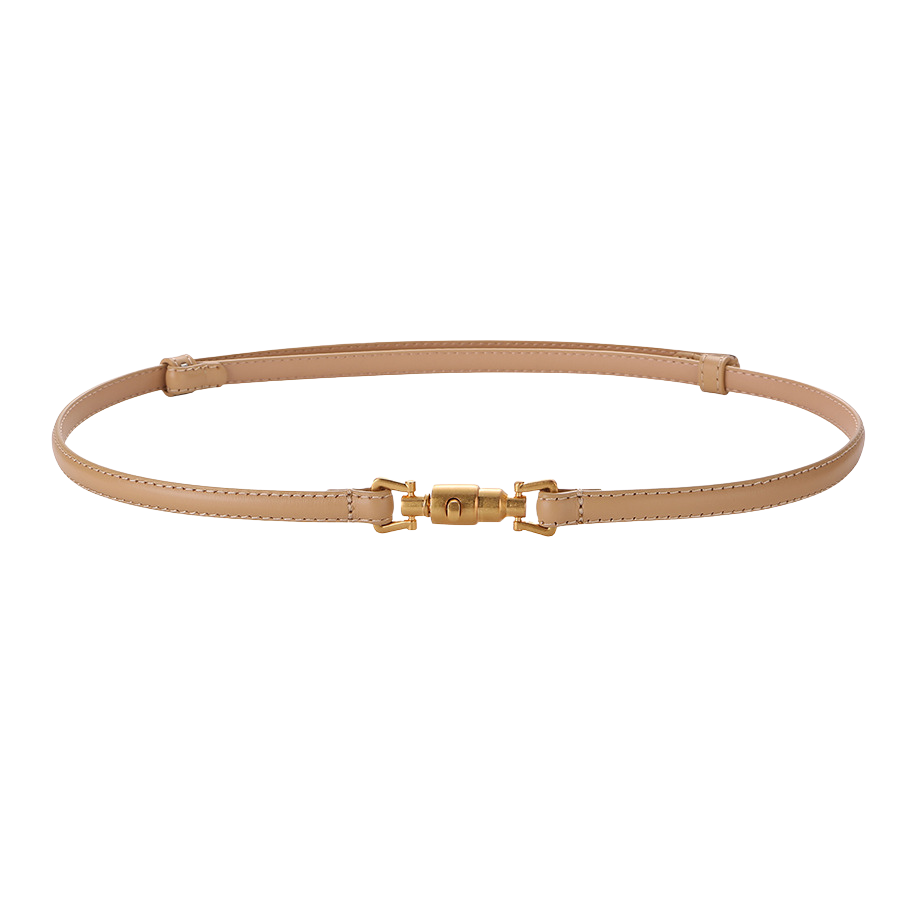 Ceinture fine beige Gisèle en cuir lisse avec boucle cylindrique dorée originale.