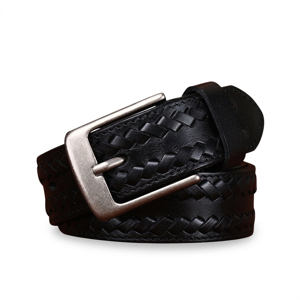 Ceinture homme Giverny en cuir pleine fleur noir avec centre tressé à la main et boucle ardillon carrée en alliage argenté vieilli