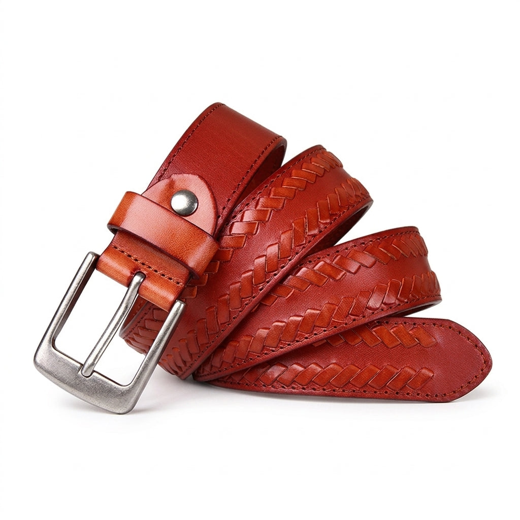 Ceinture homme Giverny en cuir pleine fleur de vachette marron avec centre tressé main et boucle ardillon carrée en argent vieilli