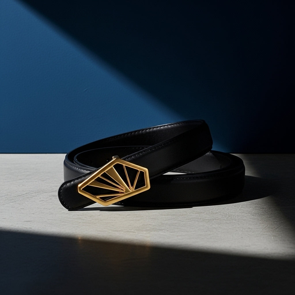 Ceinture femme Glorieuse noire en cuir avec boucle dorée géométrique en forme d'éventail. #fullwidth