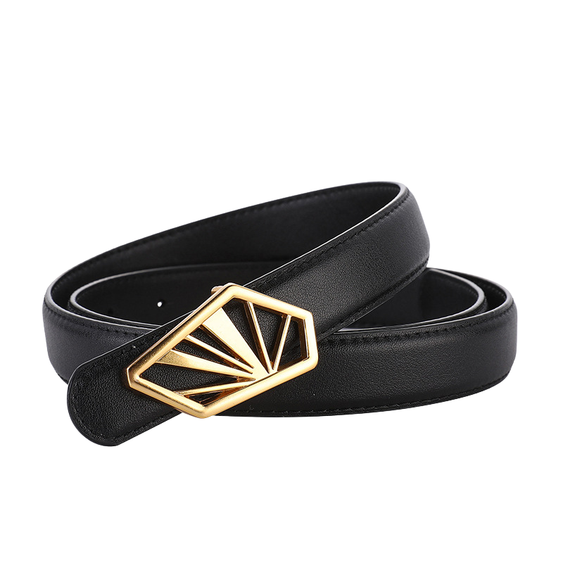 Ceinture femme Glorieuse noire en cuir avec boucle dorée géométrique motif éventail