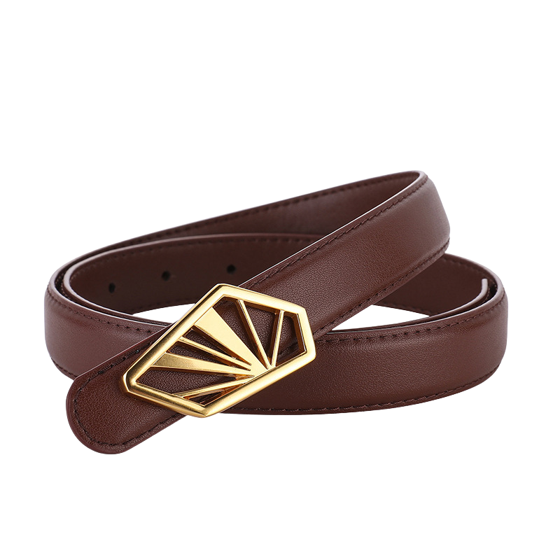 Ceinture femme Glorieuse en cuir marron avec boucle dorée géométrique en forme d'éventail.