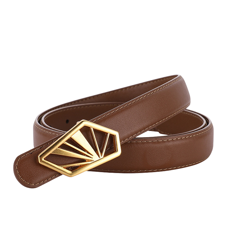 Ceinture femme marron en cuir de vachette refendu, modèle Glorieuse, avec boucle décorative en métal doré de forme éventail géométrique.