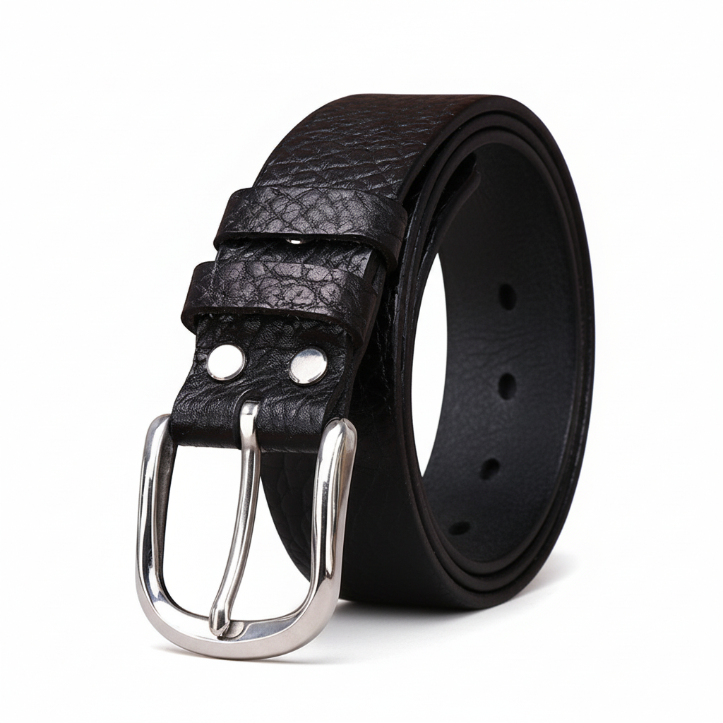 Ceinture homme Granox en cuir pleine fleur noir avec boucle ardillon ovale argentée et lanière grainée
