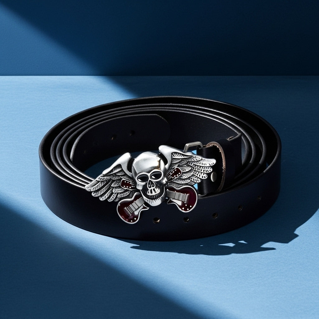 Ceinture Grimor pour homme en cuir noir avec une boucle argentée ornée d'une tête de mort ailée et de guitares rouges #fullwidth
