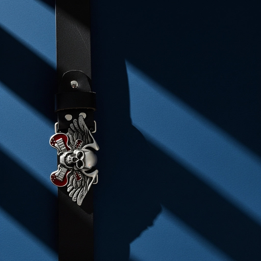 Ceinture Grimor pour homme en cuir noir avec boucle argentée ornée d'une tête de mort ailée et de guitares rouges #fullwidth
