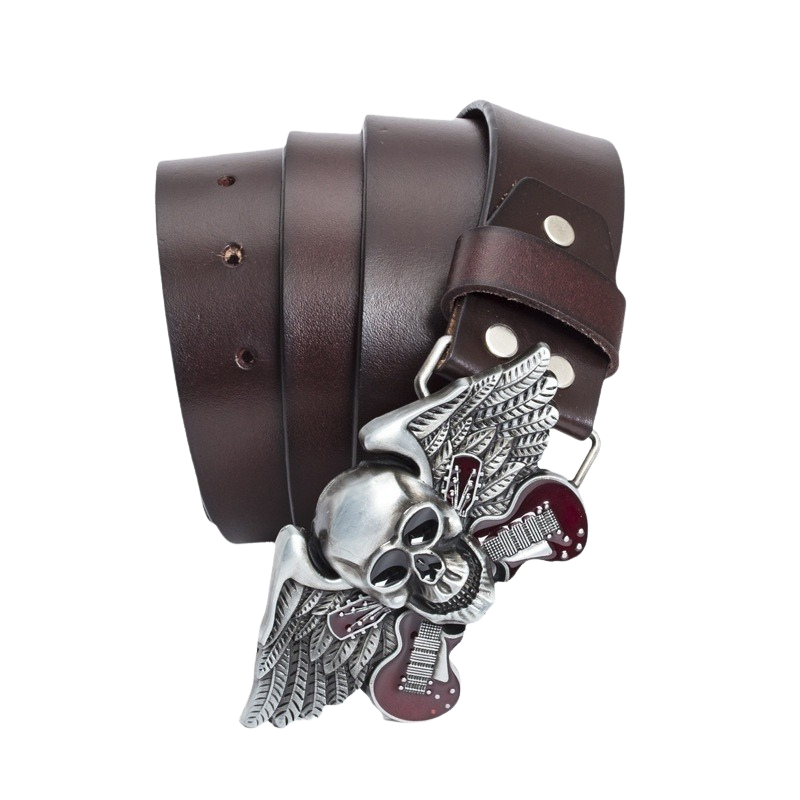 Ceinture pour homme Grimor en cuir marron avec boucle argentée ornée d'une tête de mort ailée et de guitares rouges.