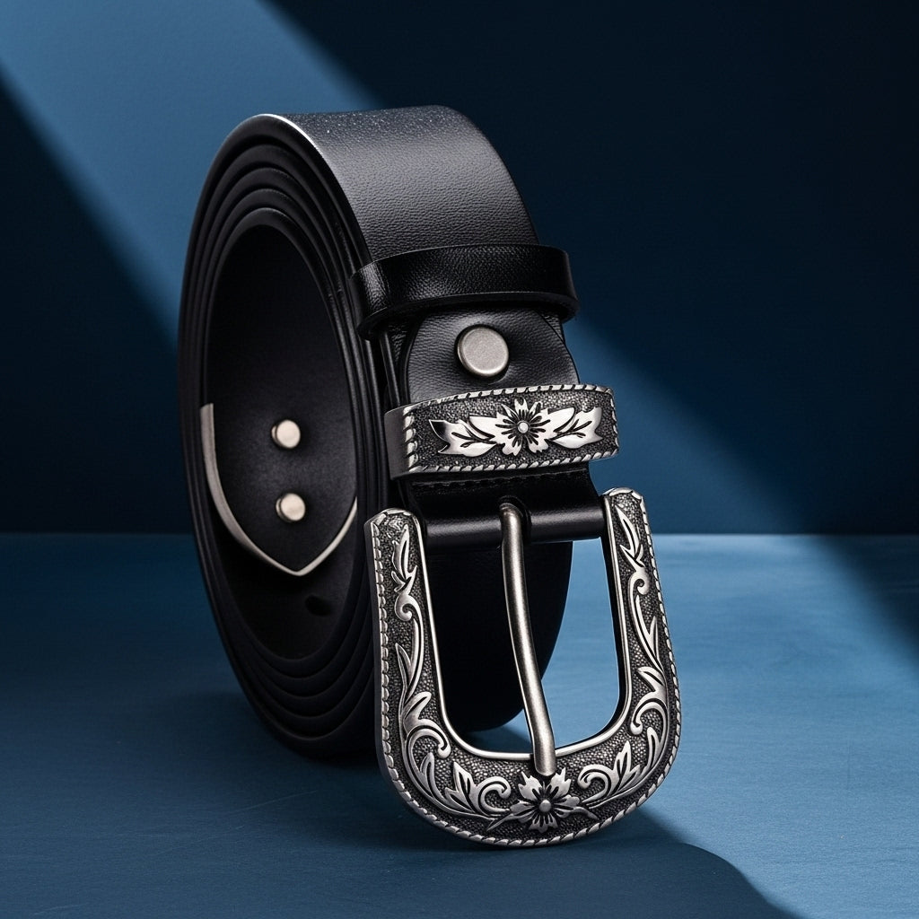 Ceinture pour homme Gwenaëlle en cuir noir avec une boucle ardillon argentée gravée de motifs floraux et une finition vieillie. #fullwidth