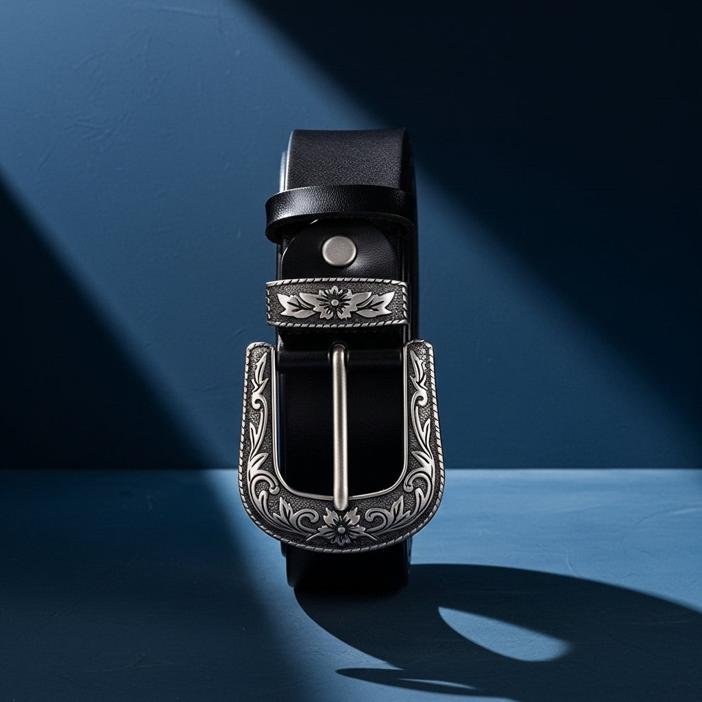 Ceinture pour homme Gwenaëlle en cuir noir avec boucle ardillon argentée gravée de motifs floraux et finition vieillie #fullwidth