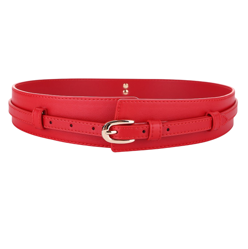Ceinture Hélène rouge pour femme en cuir refendu avec boucle ardillon dorée et design deux-en-un.