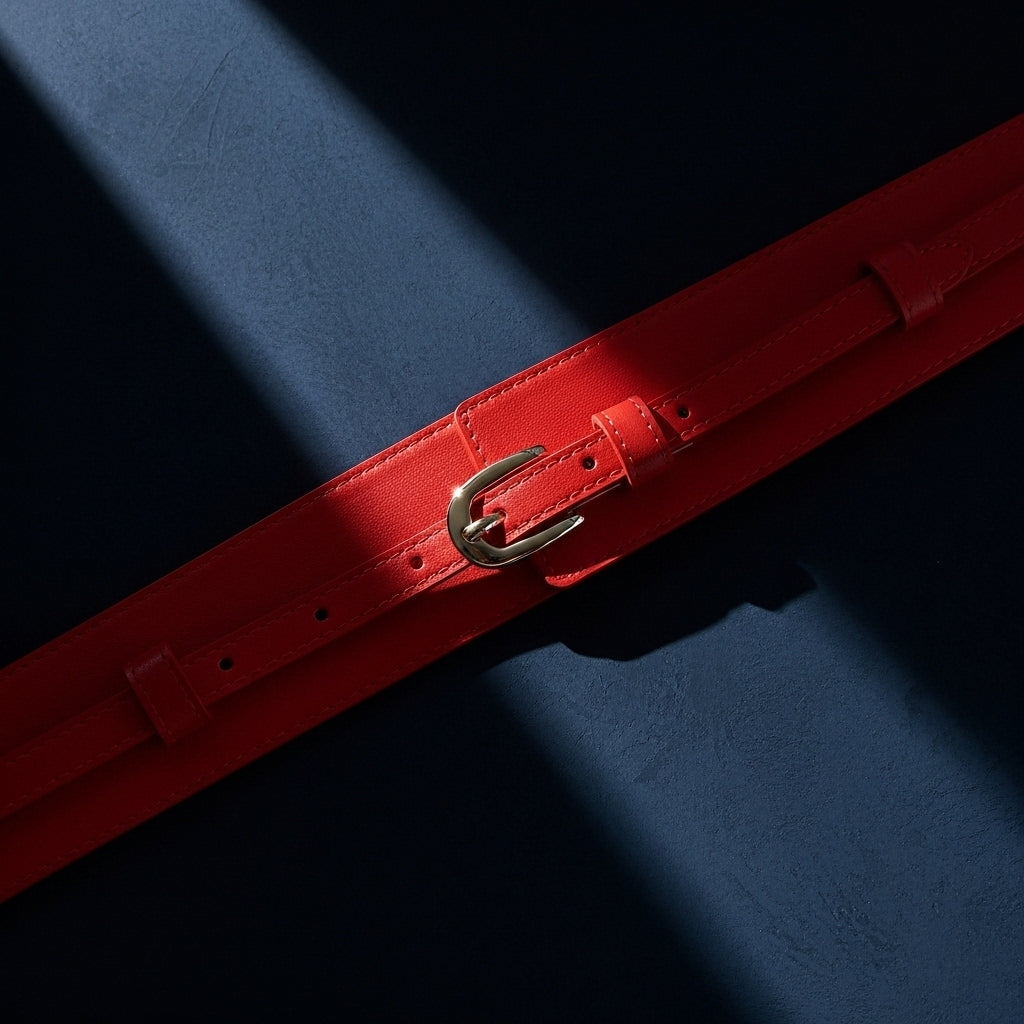 Ceinture rouge pour femme Hélène en cuir avec boucle ardillon dorée, vue rapprochée sur fond bleu #fullwidth