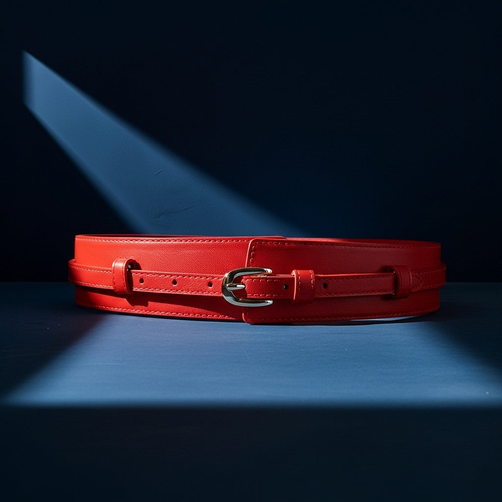 Ceinture Hélène rouge en cuir refendu de vachette, avec une boucle ardillon arrondie dorée. #fullwidth