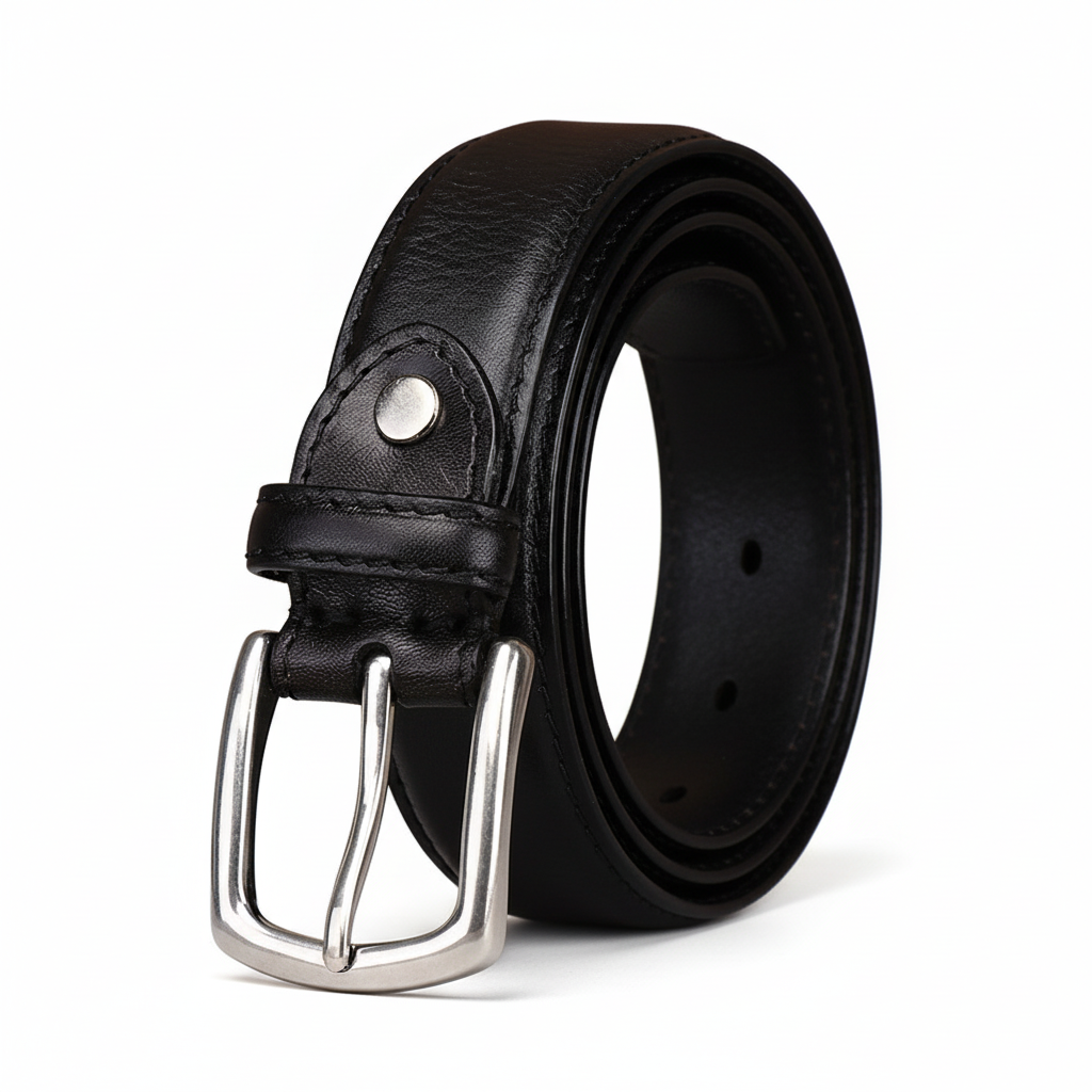 Ceinture Héritage Cuir noire pour homme en cuir de vachette pleine fleur avec boucle ardillon argentée arrondie